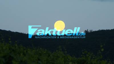 Ahrweiler: Schöner Sonnenaufgang und Monduntergang in den Weinbergen über Bad Neuenahr - Ahrweiler - Brückenabriss Baggerarbeiten am frühen Morgen