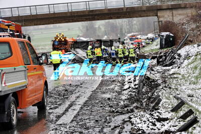Umwelt-Alarm - Ölsperre zum Chiemsee nach VU: 6 brandneue PKWs nach Glätteunfall mit Autoanhänger teilweise Schrott -  mehrere Hunderttausend Euro Schaden - A8 voll gesperrt; Hunderte Liter Kraftstoff und Hydraulik Öle gefährden Brutgebiet am Chiemse - Umweltalarm.