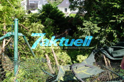 PKW durchbricht Hecke, stürzt Hang hinab und landet auf Terrasse eines Wohnhauses