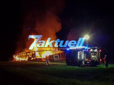 Landwirtschaftliche Maschinenhalle ausgebrannt - Großeinsatz von Feuerwehr, Polizei und THW in Bad Überkingen
