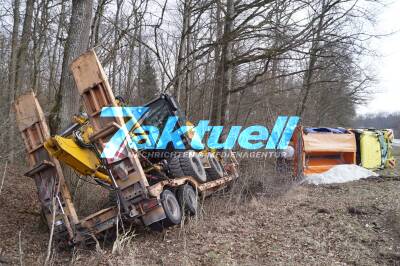 L1115/K1607 Pleidelsheim: LKW mit Bagger auf Anhänger von der Fahrbahn abgekommen überschlagen